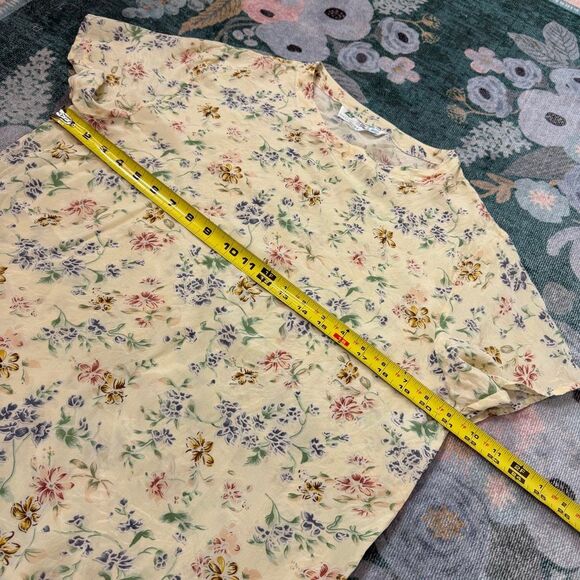 Vintage Silk Floral Blouse Dainty XL Womens Short Sleeve Crew Beck Light Yellow - Picture 8 of 11